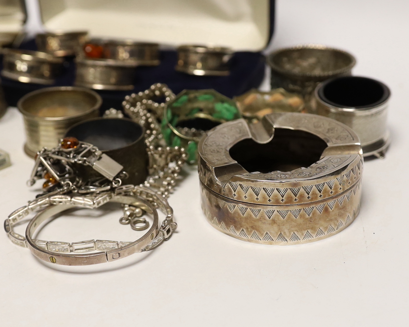 Sundry, silver, plated items, jewellery, commemorative coins and pocket watches including napkin rings, ashtray, necklace etc.